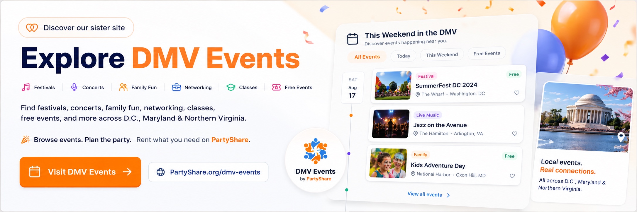 Discover our sister site — Explore DMV Events. Find festivals, concerts, family fun, networking, classes, free events, and more across D.C., Maryland & Northern Virginia at partyshare.org/dmv-events.