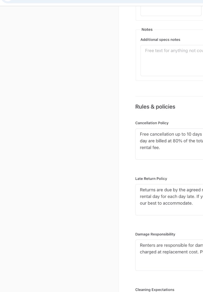 Current Details screen showing listing policy and rules fields.